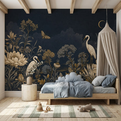 Gece Çiçek ve Kuğulu Poster Duvar Kağıdı Lacivert Salon