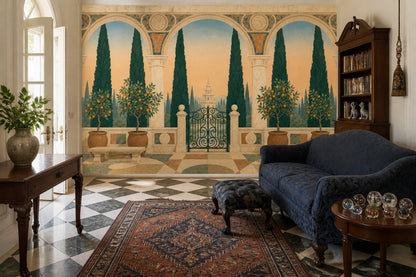 Akdeniz Bahçesi Poster Duvar Kağıdı Kemerli Mimari Yeşil