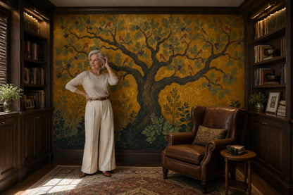 Kuşlu Ağaç Desenli Poster Duvar Kağıdı Hardal Sarı