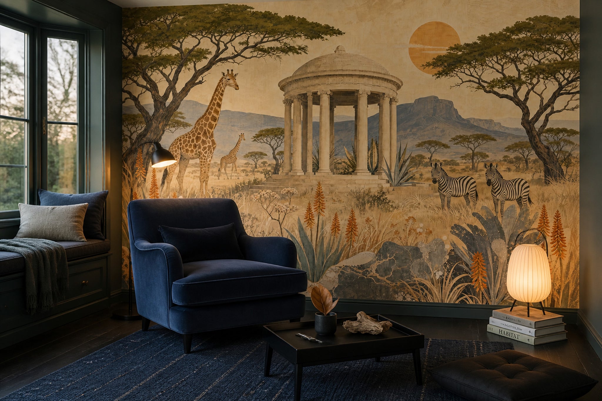 Safari Hayvanları Poster Duvar Kağıdı Bej Klasik Manzara Salon