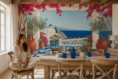 Akdeniz Manzaralı Poster Duvar Kağıdı Mavi Deniz Çiçekli