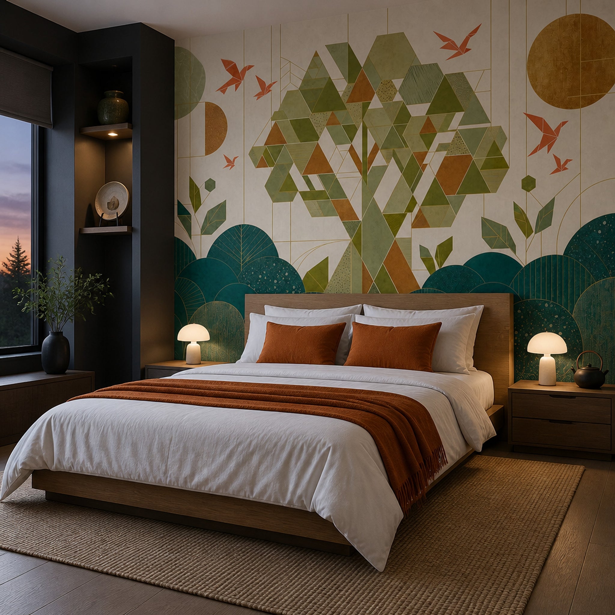 Geometrik Ağaç Desenli Poster Duvar Kağıdı Yeşil Salon