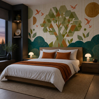 Geometrik Ağaç Desenli Poster Duvar Kağıdı Yeşil Salon