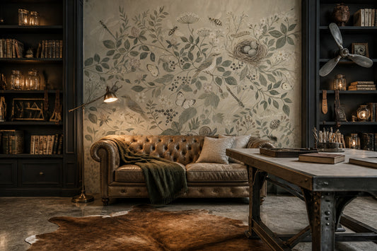Kuş ve Yaprak Desenli Poster Duvar Kağıdı Bej Salon