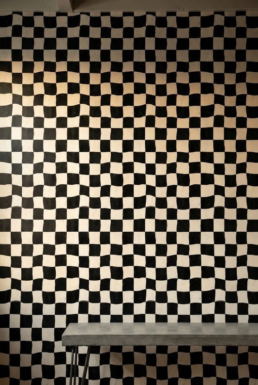 Siyah Beyaz Damalı Duvar Kağıdı Dalgalı Geometrik Desen