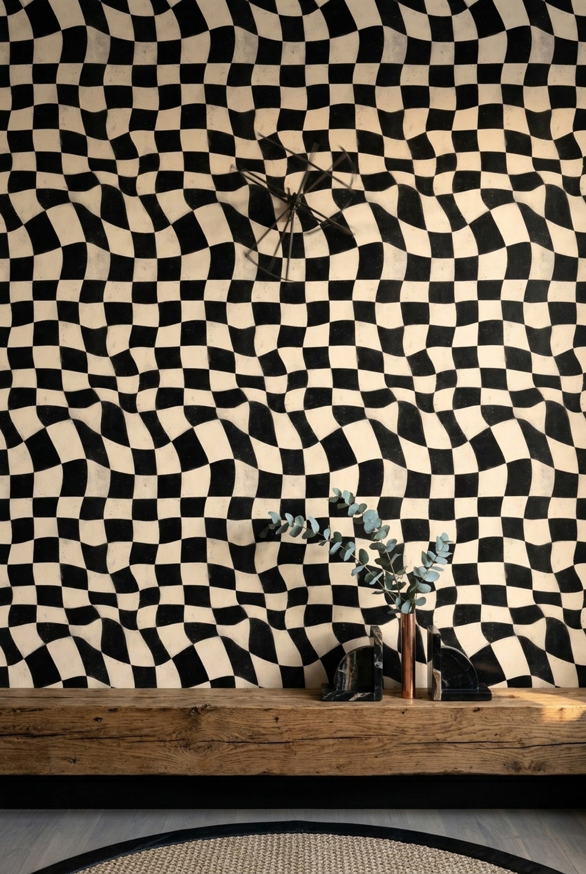 Dalgalı Dama Desenli Duvar Kağıdı Siyah Beyaz Salon