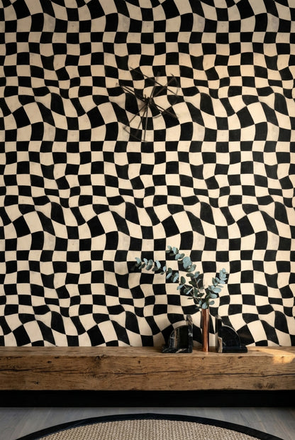 Dalgalı Dama Desenli Duvar Kağıdı Siyah Beyaz Salon