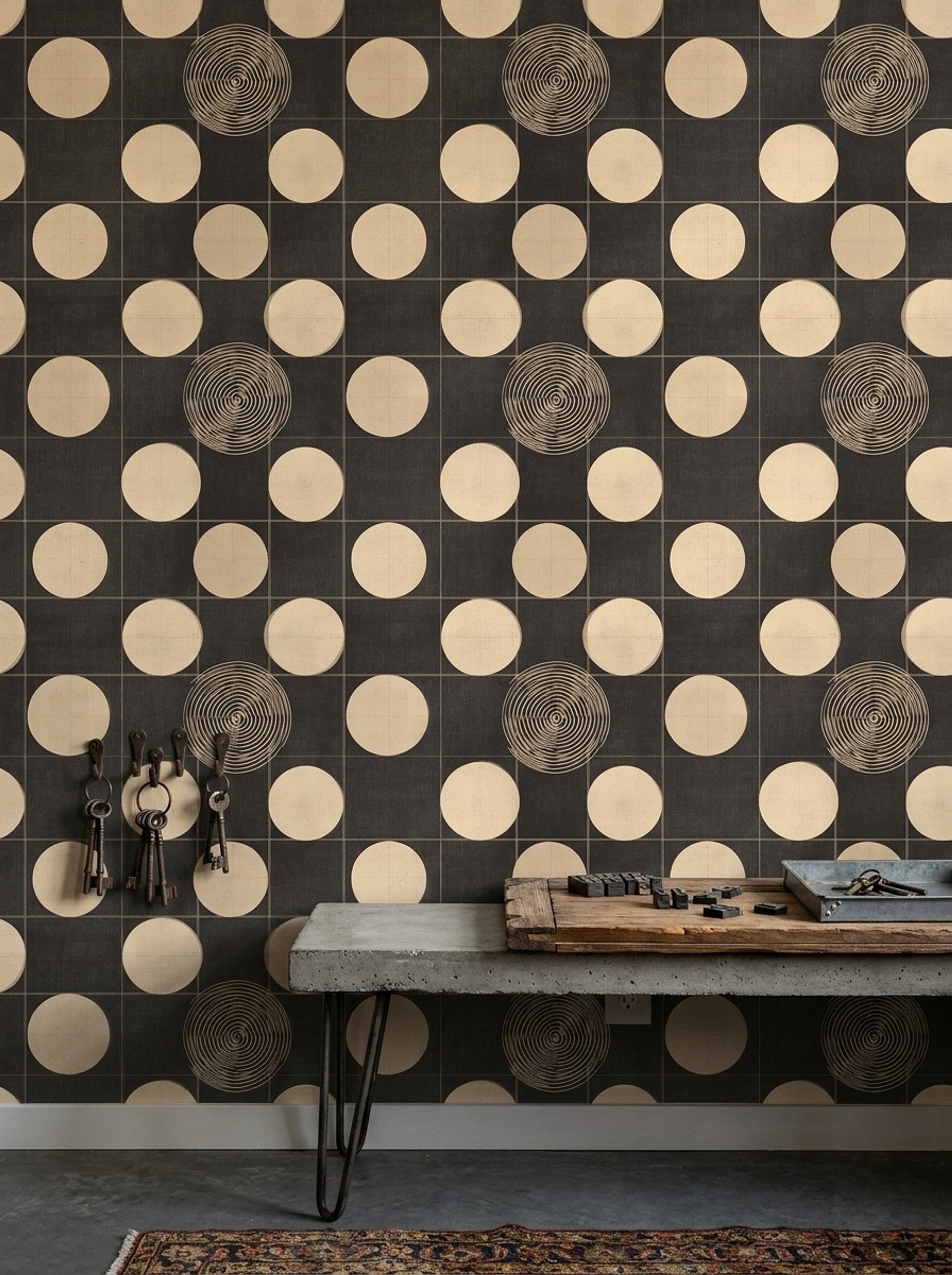 Geometrik Puantiyeli Duvar Kağıdı Siyah Krem Retro Desen