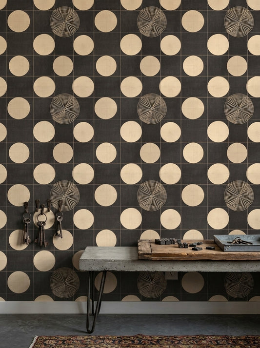 Geometrik Puantiyeli Duvar Kağıdı Siyah Krem Retro Desen