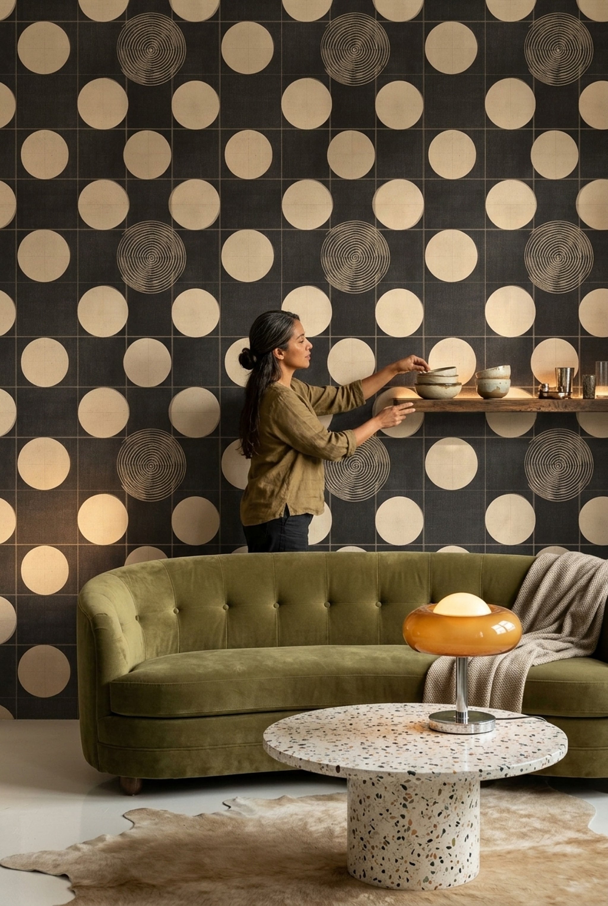 Geometrik Puantiyeli Duvar Kağıdı Siyah Krem Retro Desen