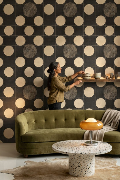 Geometrik Puantiyeli Duvar Kağıdı Siyah Krem Retro Desen