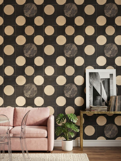 Geometrik Puantiyeli Duvar Kağıdı Siyah Krem Retro Desen