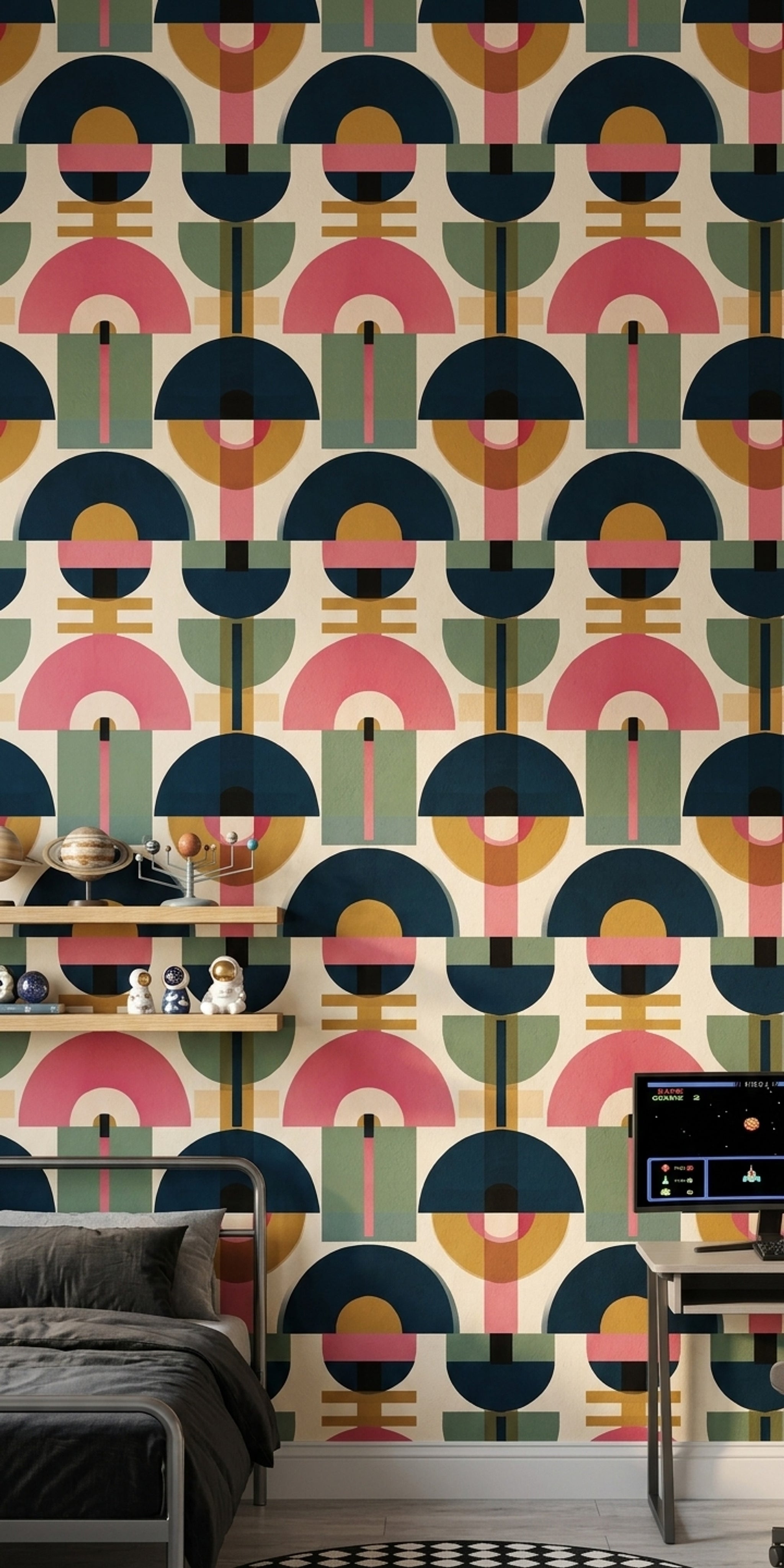 Retro Geometrik Duvar Kağıdı Lacivert Pembe Salon Desenli