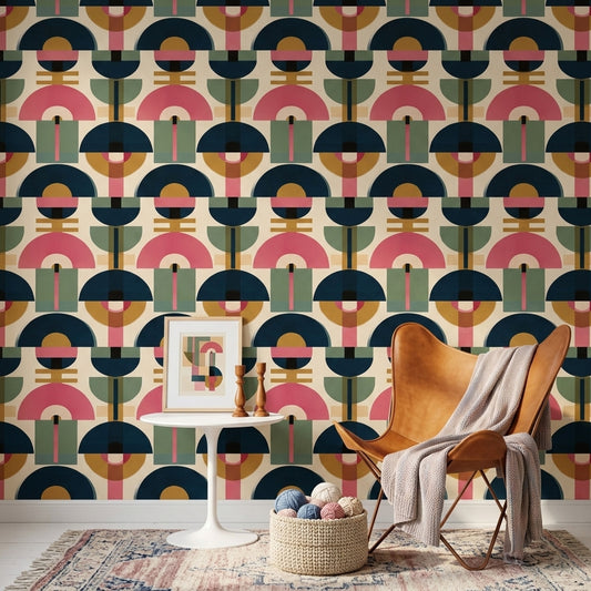 Retro Geometrik Duvar Kağıdı Lacivert Pembe Salon Desenli