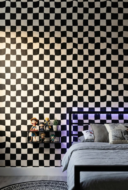 Siyah Beyaz Damalı Duvar Kağıdı Dalgalı Geometrik Desen