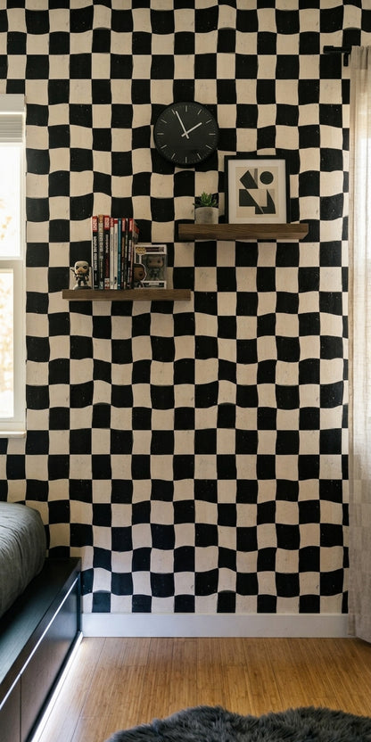 Siyah Beyaz Damalı Duvar Kağıdı Dalgalı Geometrik Desen