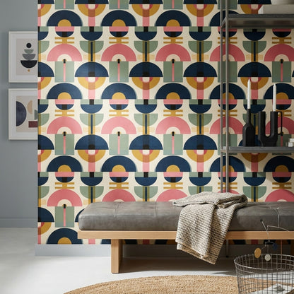 Retro Geometrik Duvar Kağıdı Lacivert Pembe Salon Desenli