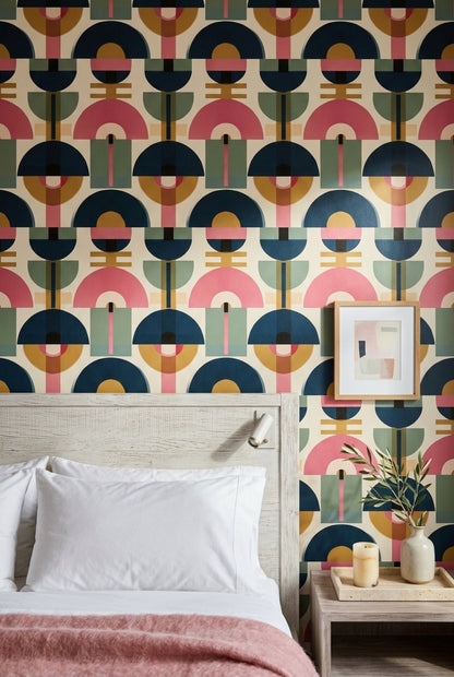 Retro Geometrik Duvar Kağıdı Lacivert Pembe Salon Desenli