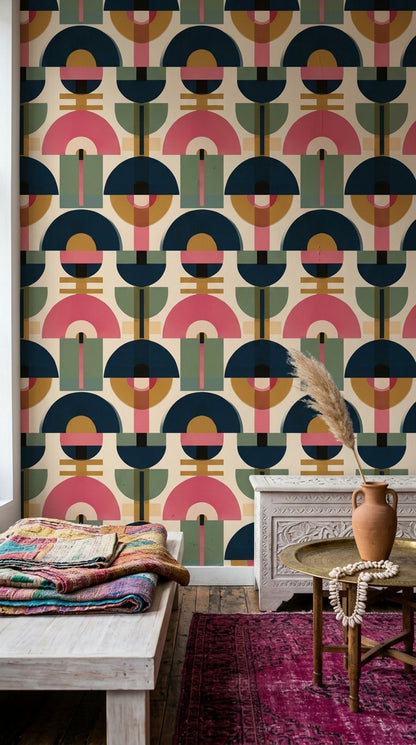 Retro Geometrik Duvar Kağıdı Lacivert Pembe Salon Desenli