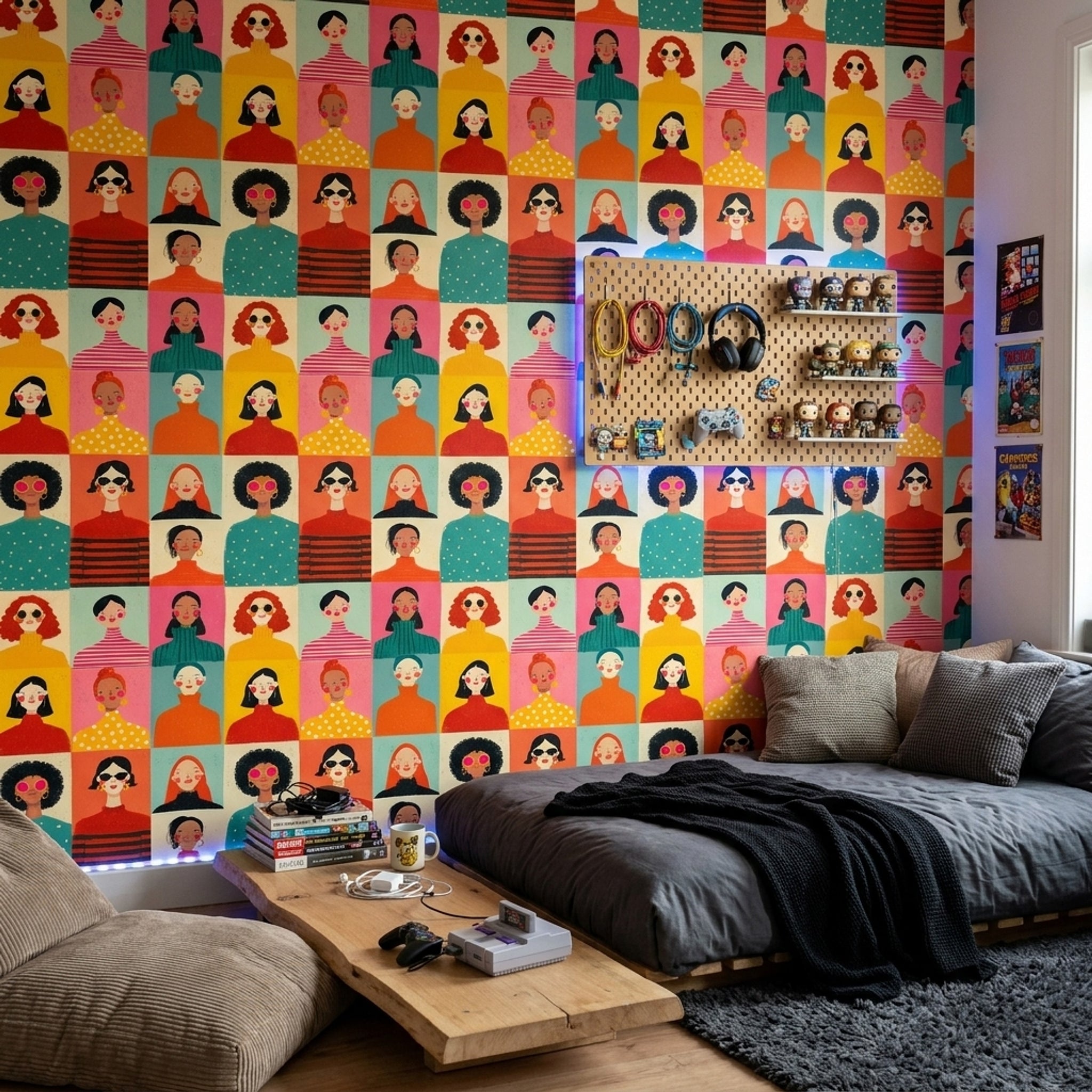 Renkli Kadın Portreli Duvar Kağıdı Modern Desenli Salon