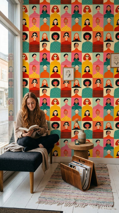 Renkli Kadın Portreli Duvar Kağıdı Modern Desenli Salon