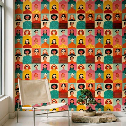 Renkli Kadın Portreli Duvar Kağıdı Modern Desenli Salon