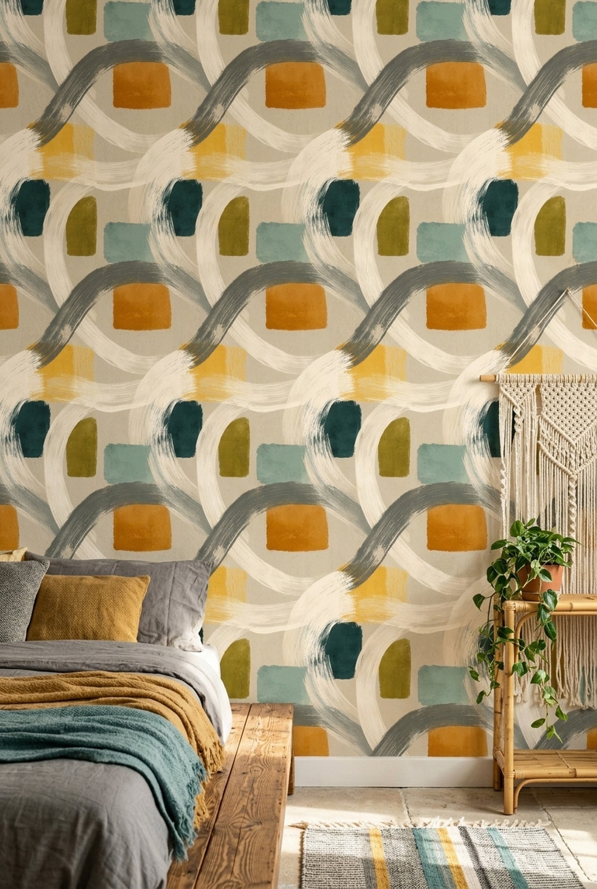 Geometrik Fırça İzli Duvar Kağıdı Yeşil Hardal Modern Desen