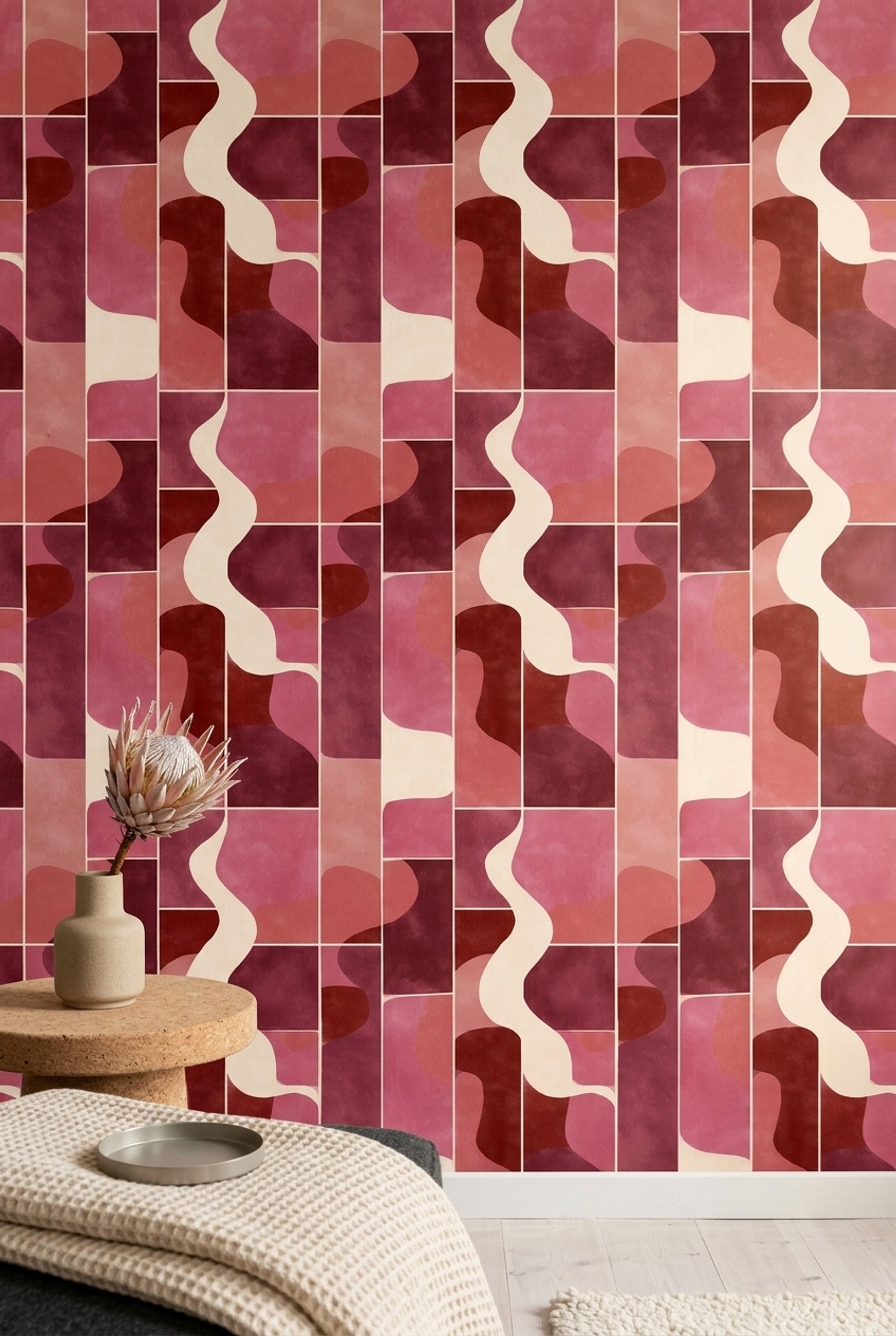Geometrik Dalga Desenli Duvar Kağıdı Bordo Pembe Salon