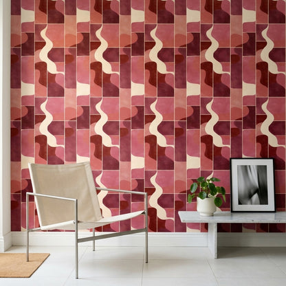 Geometrik Dalga Desenli Duvar Kağıdı Bordo Pembe Salon
