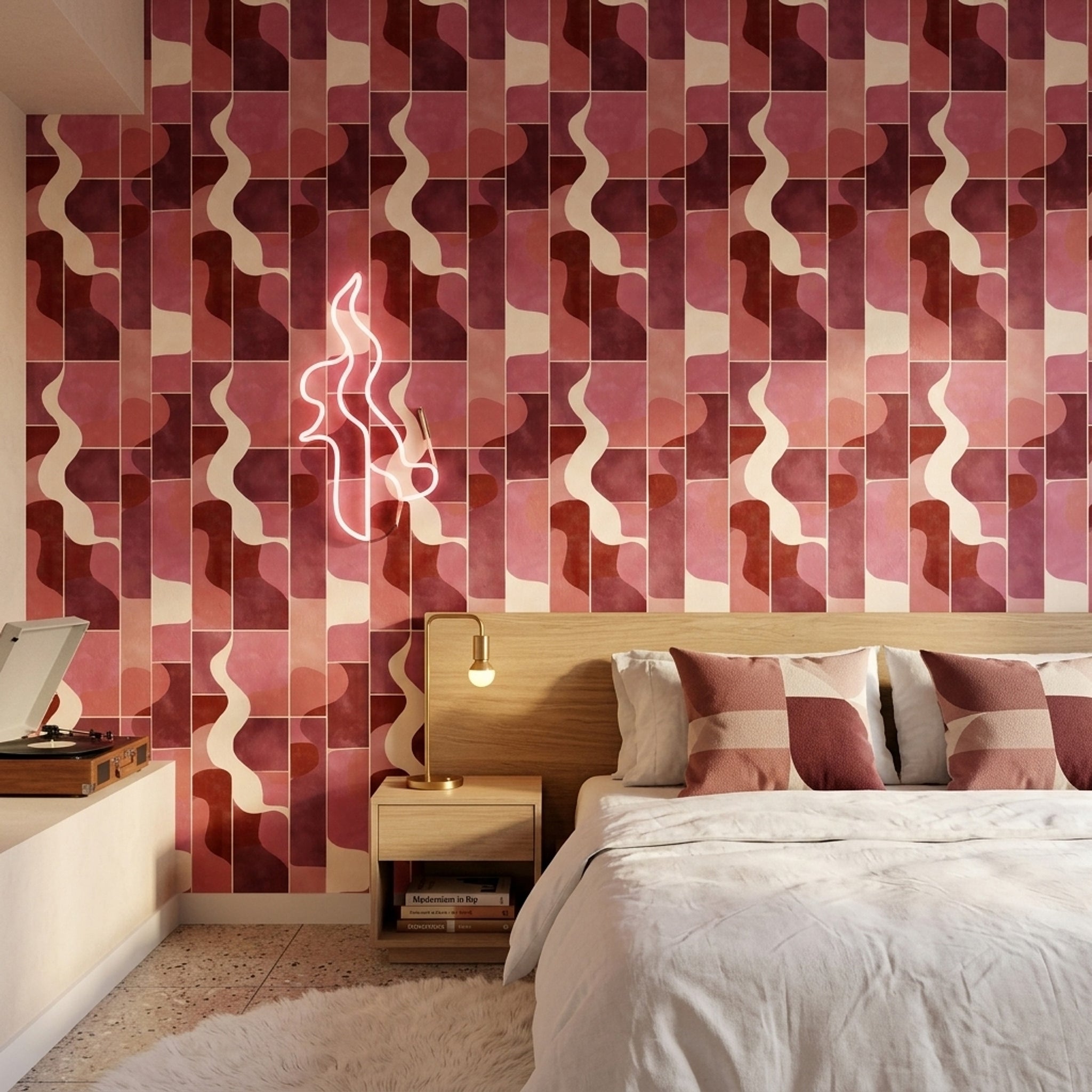 Geometrik Dalga Desenli Duvar Kağıdı Bordo Pembe Salon