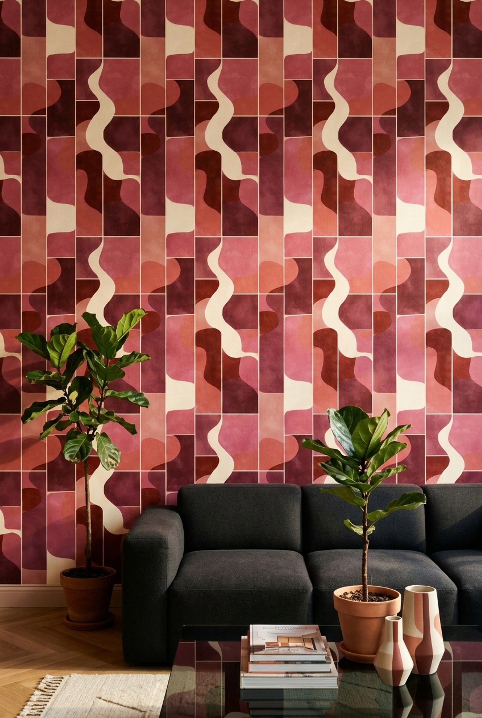 Geometrik Dalga Desenli Duvar Kağıdı Bordo Pembe Salon