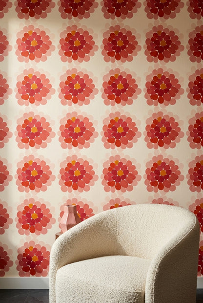 Retro Çiçek Desenli Duvar Kağıdı Kırmızı Pembe Salon
