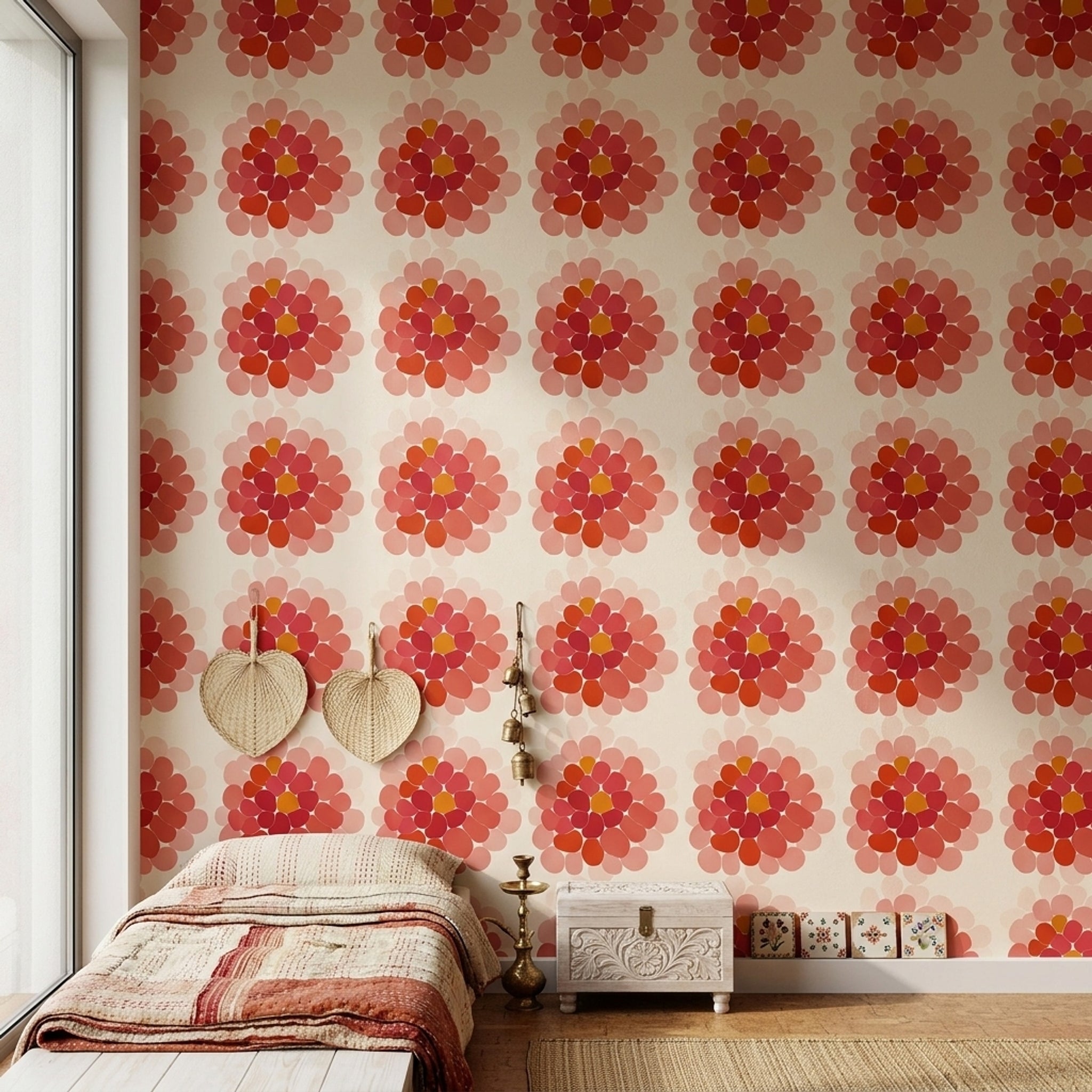 Retro Çiçek Desenli Duvar Kağıdı Kırmızı Pembe Salon