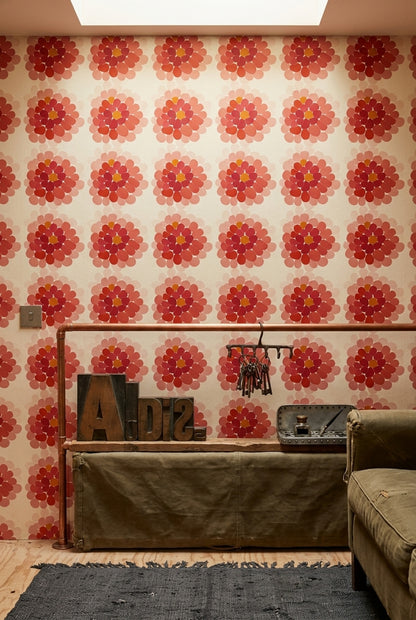 Retro Çiçek Desenli Duvar Kağıdı Kırmızı Pembe Salon