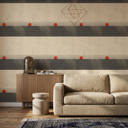 Minimal Çizgili Duvar Kağıdı Bej Zemin Kırmızı Nokta Desenli
