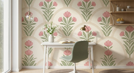 Art Nouveau Çiçekli Duvar Kağıdı Pudra Pembe Yeşil Desenli