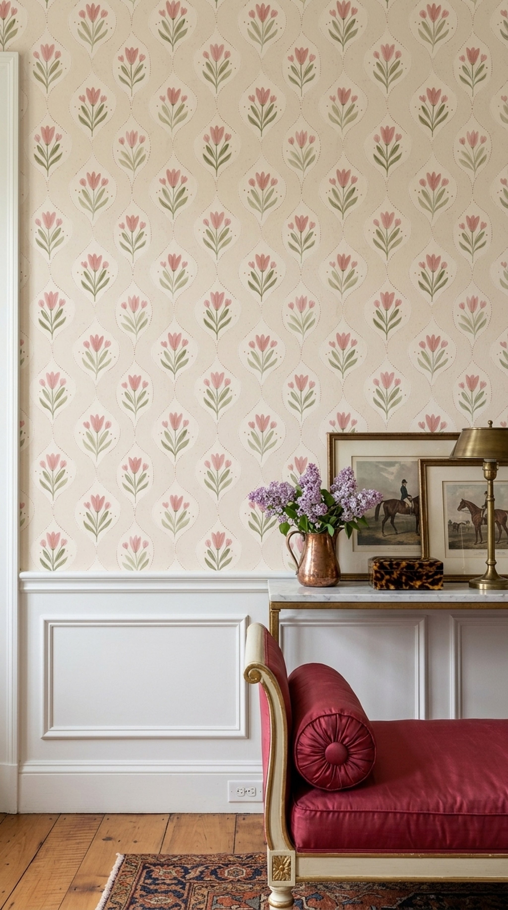 Art Nouveau Çiçekli Duvar Kağıdı Pudra Pembe Yeşil Desenli