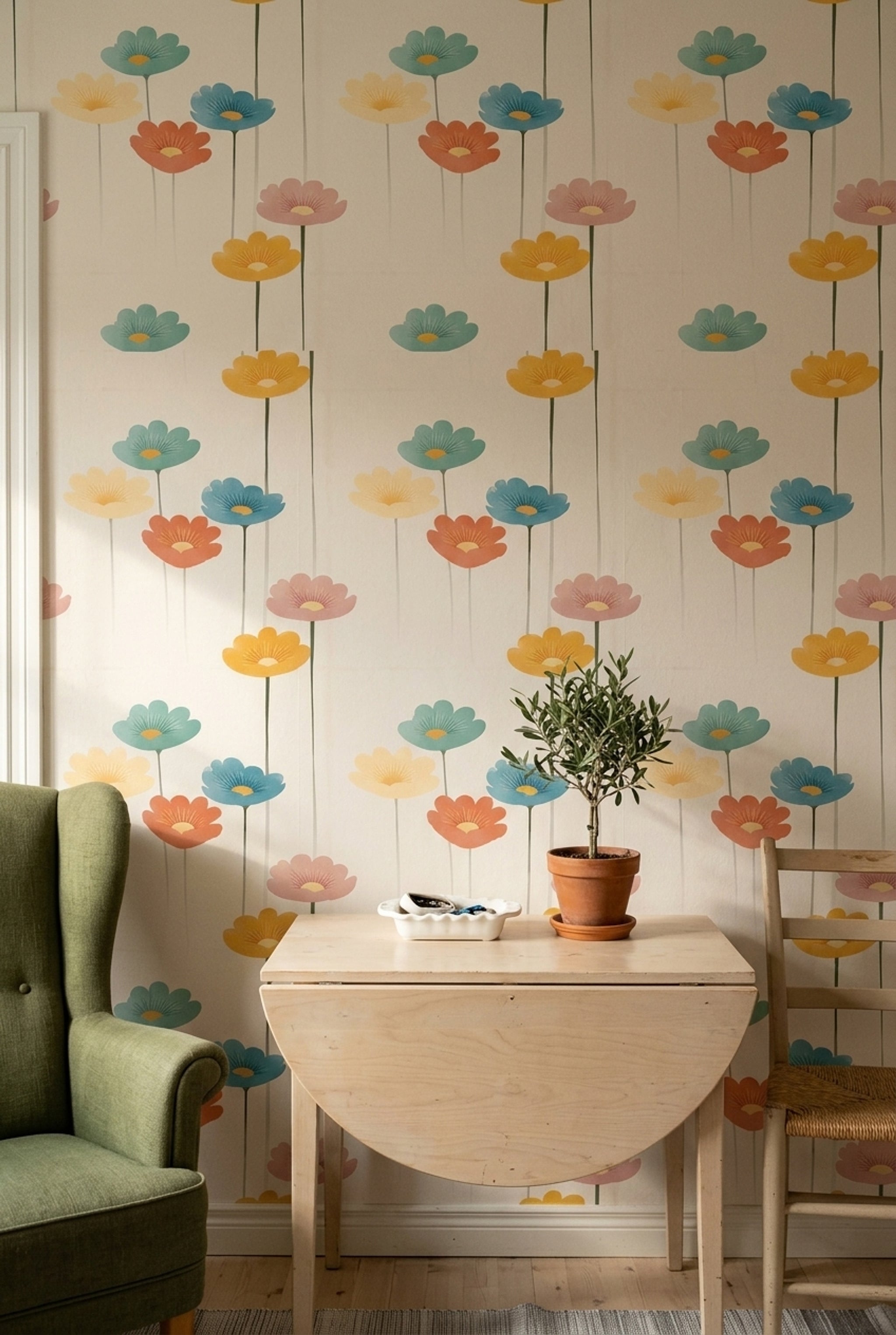 Retro Çiçekli Duvar Kağıdı Renkli Desenli Salon Dekoru