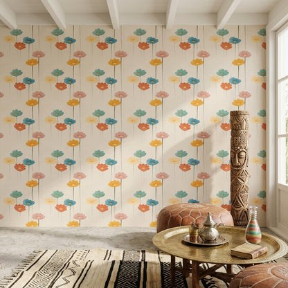 Retro Çiçekli Duvar Kağıdı Renkli Desenli Salon Dekoru