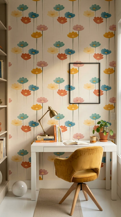 Retro Çiçekli Duvar Kağıdı Renkli Desenli Salon Dekoru