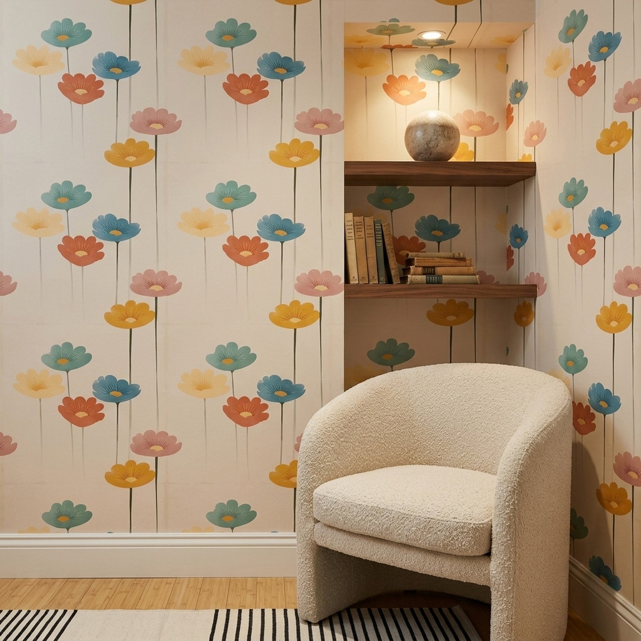 Retro Çiçekli Duvar Kağıdı Renkli Desenli Salon Dekoru