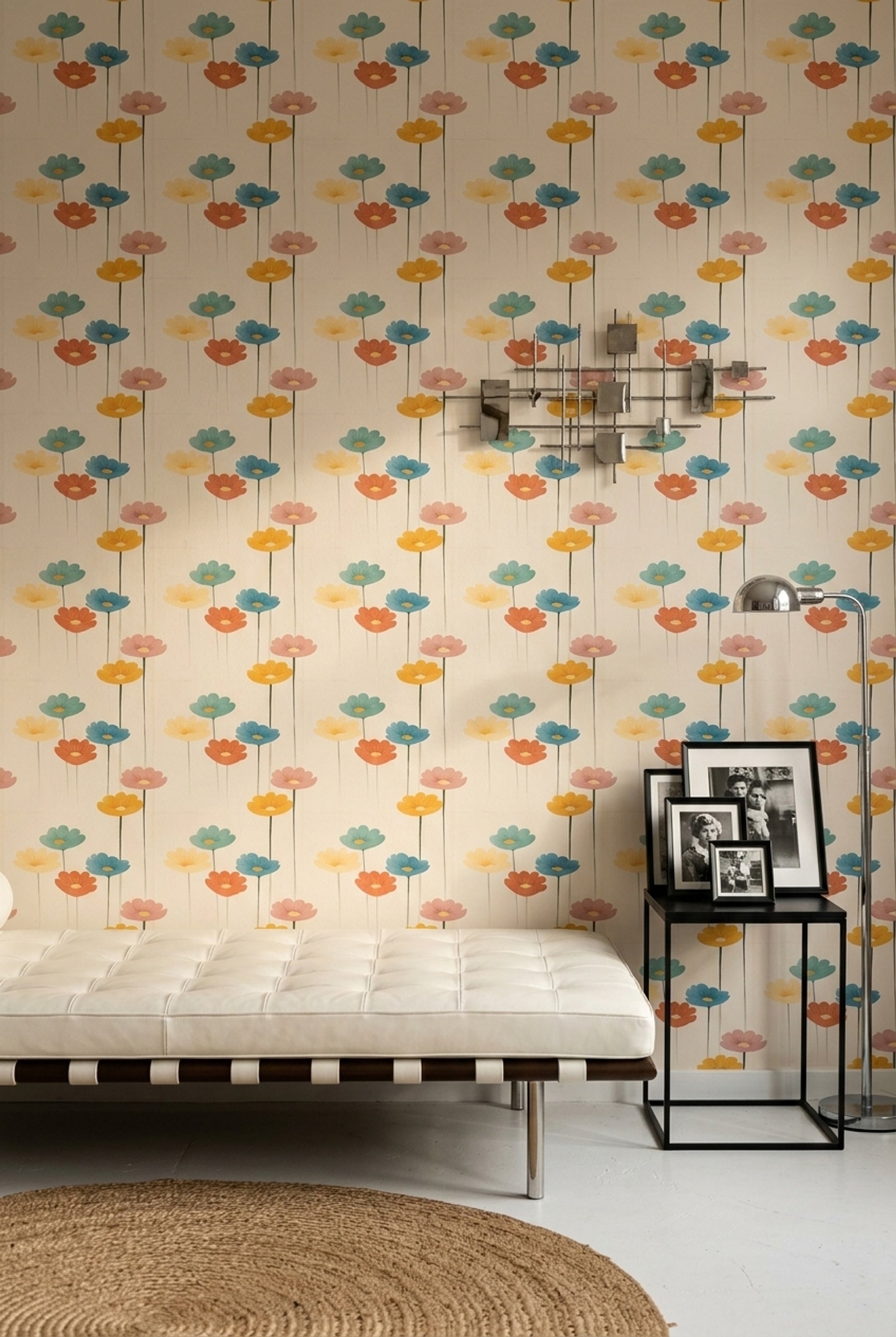 Retro Çiçekli Duvar Kağıdı Renkli Desenli Salon Dekoru