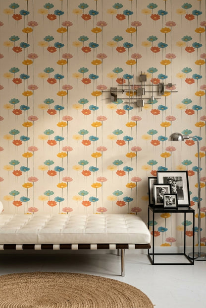 Retro Çiçekli Duvar Kağıdı Renkli Desenli Salon Dekoru