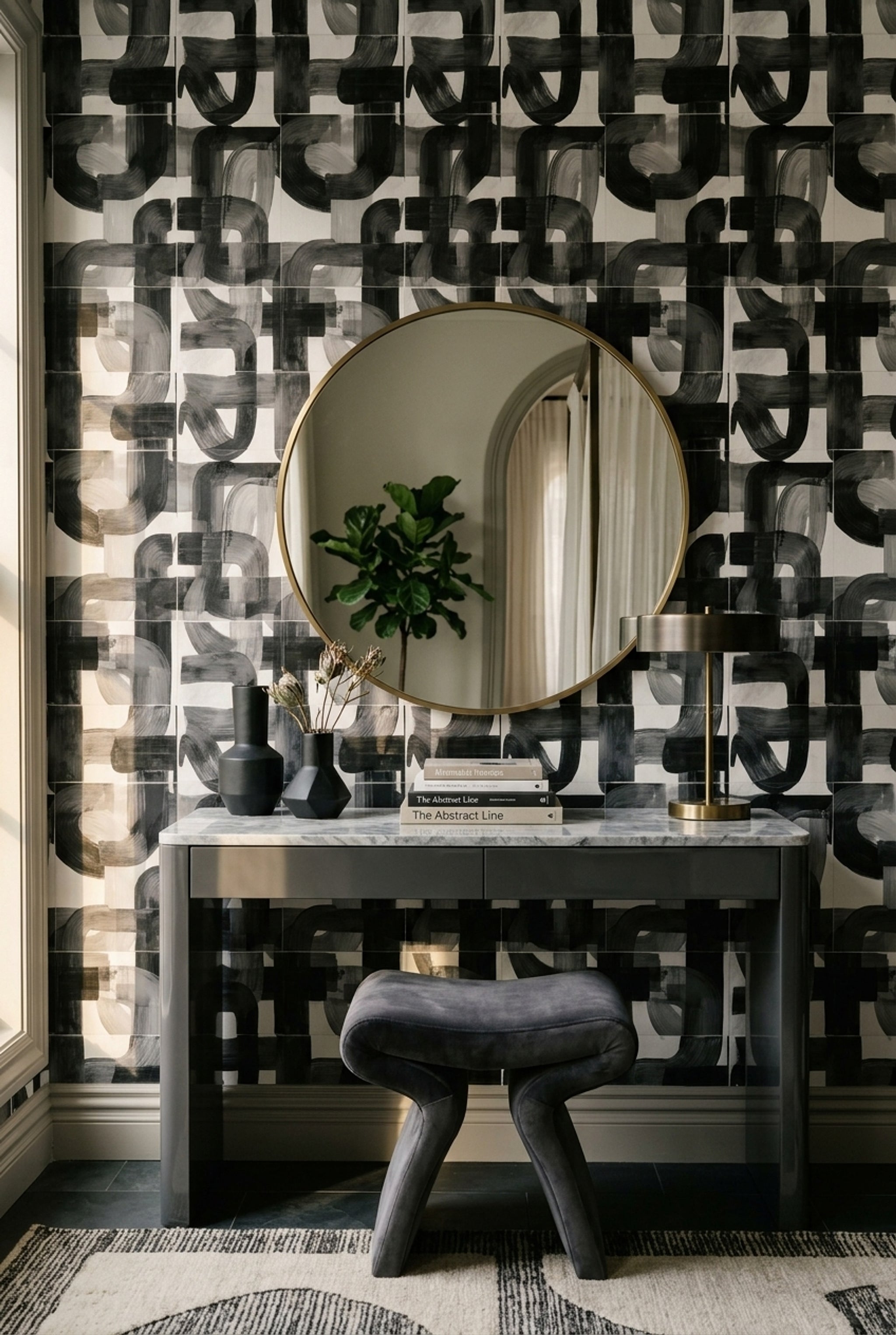 Soyut Geometrik Duvar Kağıdı Siyah Beyaz Desenli Salon