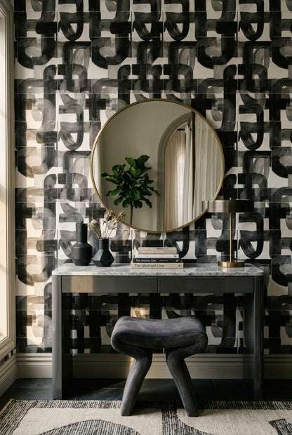 Soyut Geometrik Duvar Kağıdı Siyah Beyaz Desenli Salon