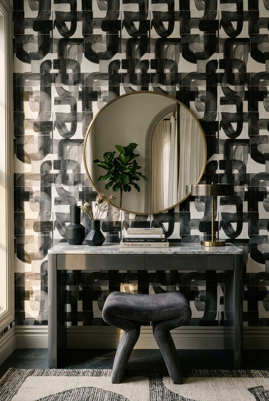 Soyut Geometrik Duvar Kağıdı Siyah Beyaz Desenli Salon