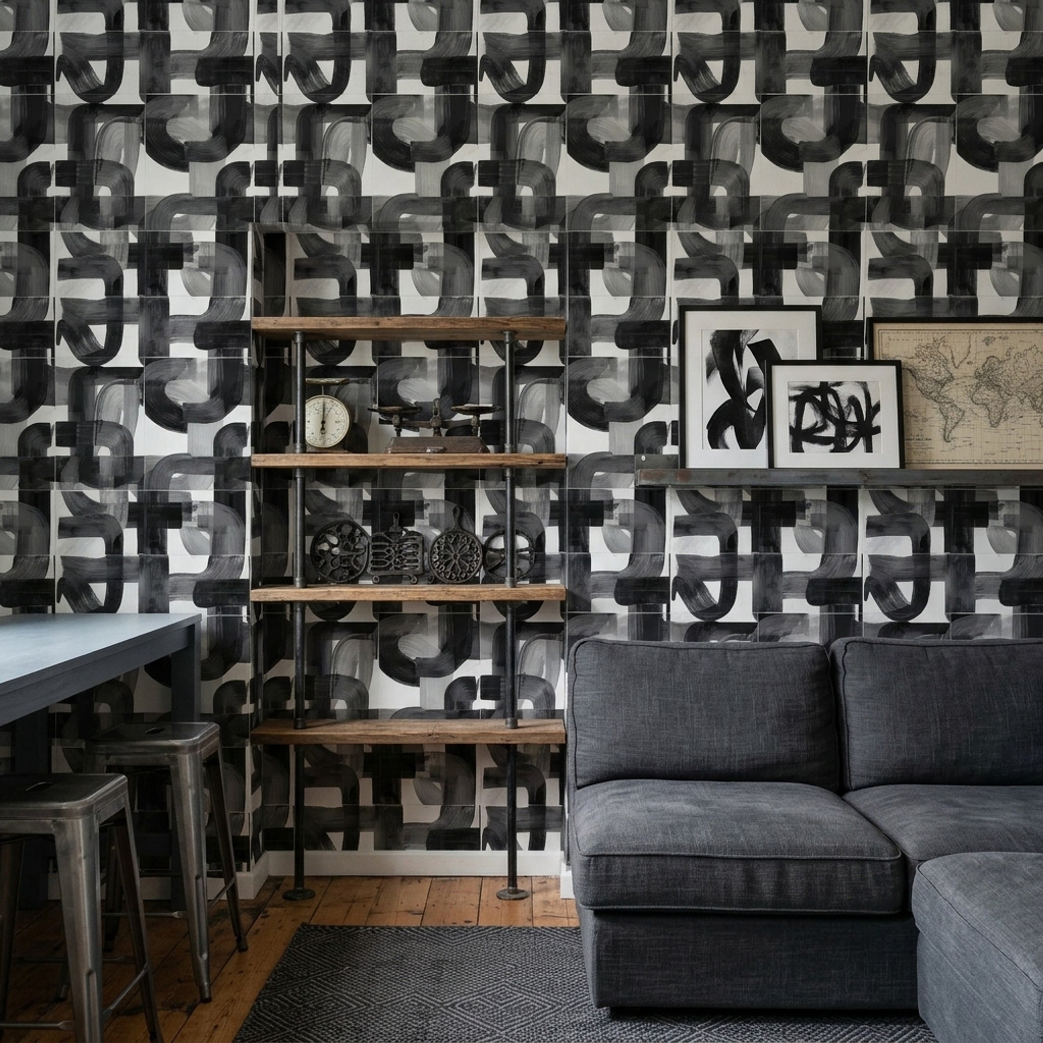 Soyut Geometrik Duvar Kağıdı Siyah Beyaz Desenli Salon