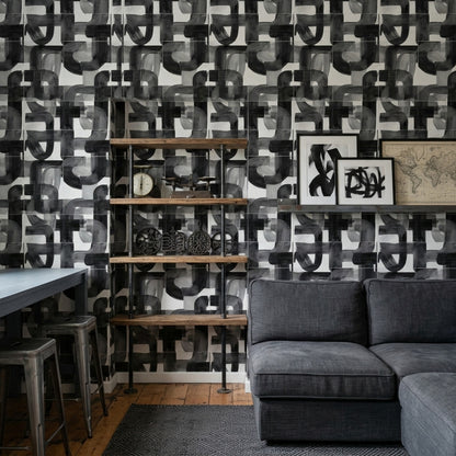 Soyut Geometrik Duvar Kağıdı Siyah Beyaz Desenli Salon