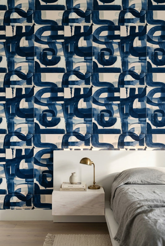 Lacivert Fırça Darbeli Geometrik Duvar Kağıdı Modern Salon