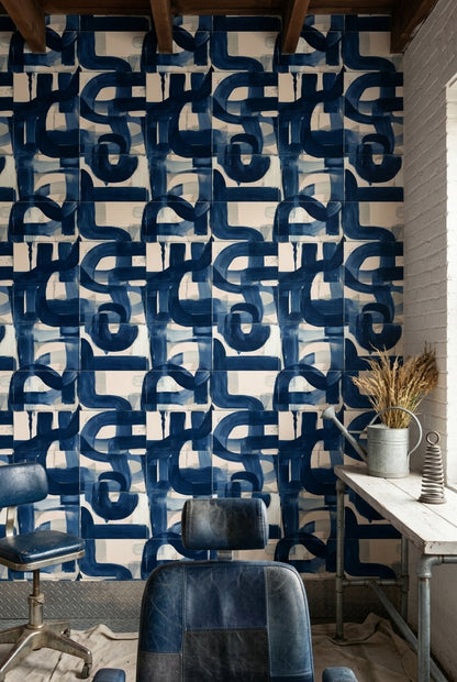 Lacivert Fırça Darbeli Geometrik Duvar Kağıdı Modern Salon